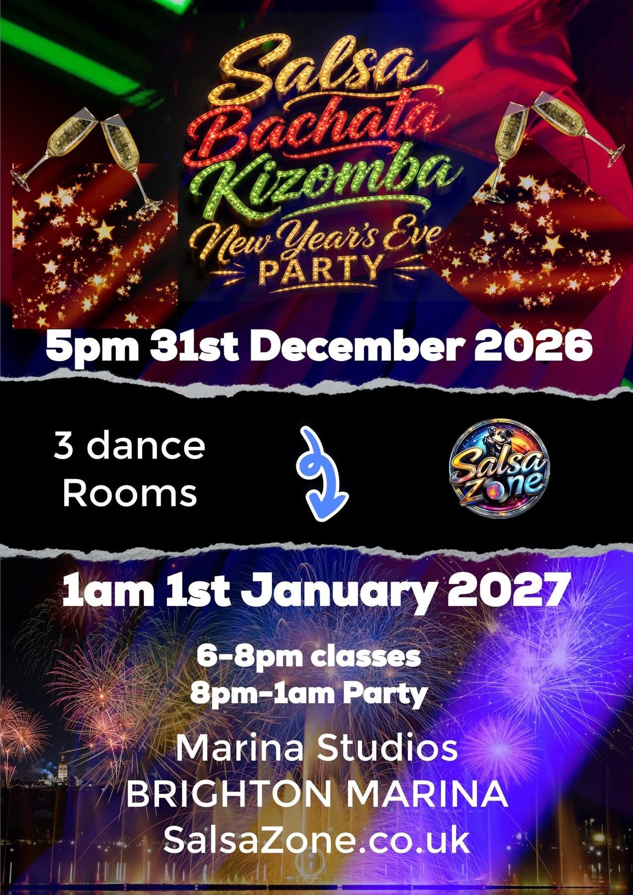Salsa Zone New Year's Eve party flyer with fireworks and event details